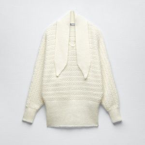 Zara ecru white bow collar knit sweater NWT